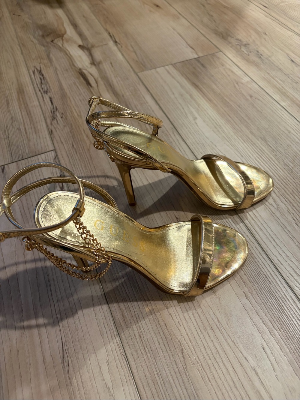 Guess Metallic Gold Chain-Strap Stiletto Sandals